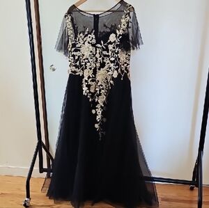 Elegant Black Dress with Gold Floral Embroidery